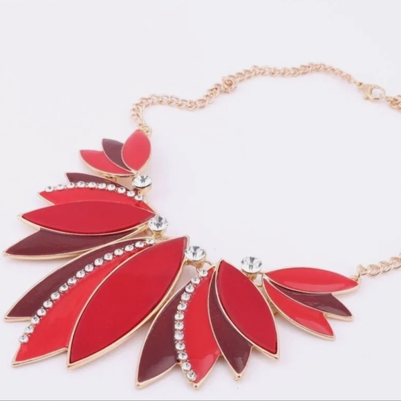 18K gold plated red crystal leaf necklace earrings set - Picture 8 of 12